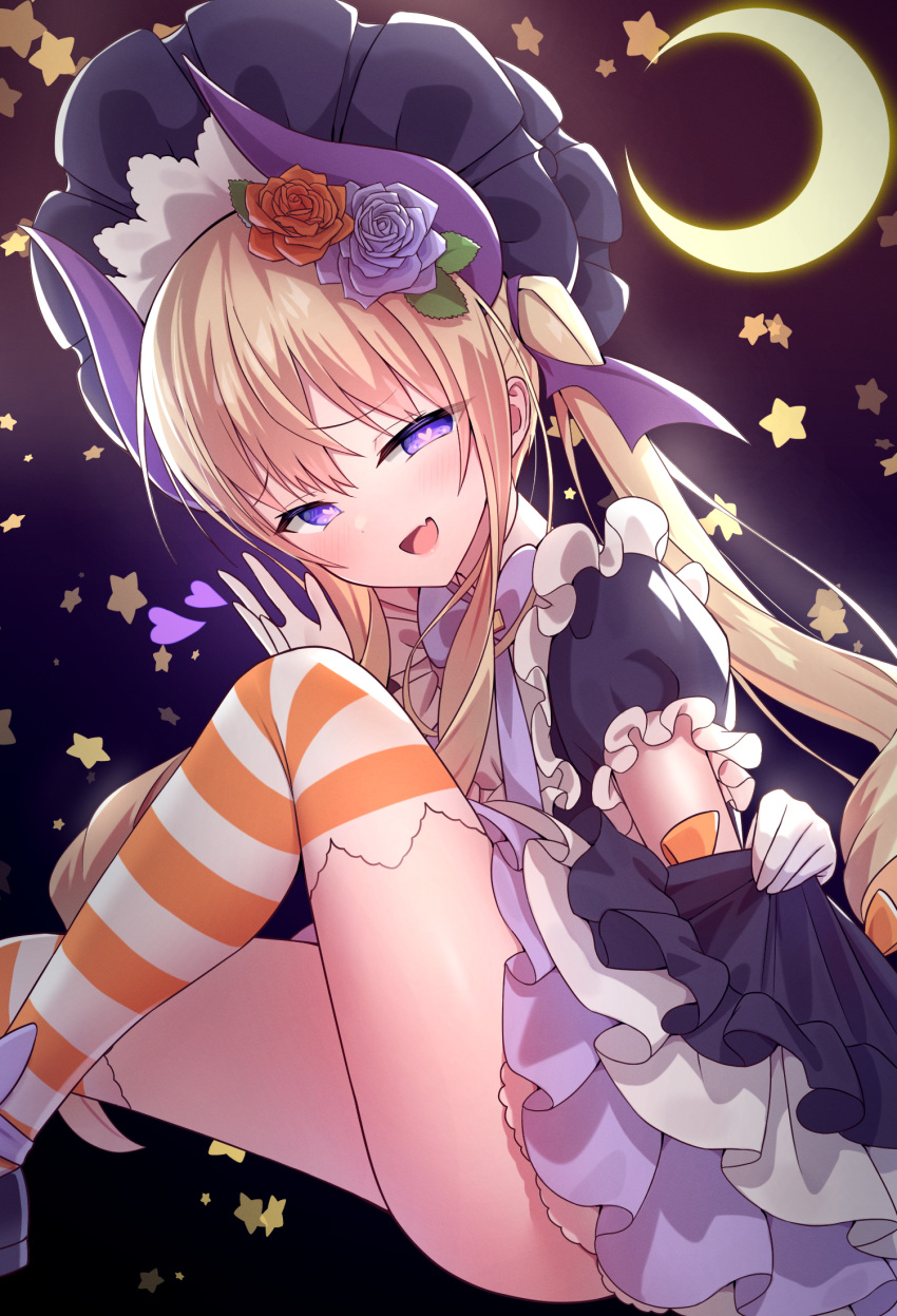 1girl :d bettle_(b_s_a_n) black_headwear blonde_hair clothes_lift crescent_moon flower hair_flower hair_ornament hat heart highres horns lifted_by_self moon open_mouth orange_legwear puffy_short_sleeves puffy_sleeves purple_eyes re:act short_sleeves sitting skirt skirt_lift smile solo star_(symbol) striped striped_legwear symbol-shaped_pupils tsukushi_aria virtual_youtuber