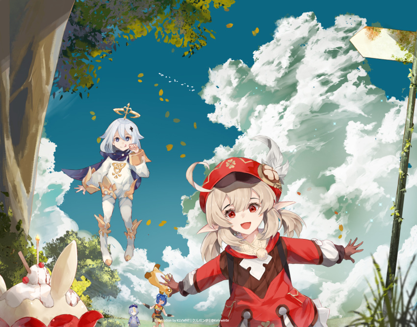 4girls :d ahoge backpack bag bangs black_eyes black_hair bloomers blue_sky cabbie_hat chinese_clothes cloud cloudy_sky clover_print commentary english_commentary eyebrows_visible_through_hair floating genshin_impact guoba_(genshin_impact) hair_between_eyes hat hat_feather hat_ornament jiangshi jumpy_dumpty kelvwinte klee_(genshin_impact) light_brown_hair long_hair long_sleeves low_twintails mechanical_halo multiple_girls open_mouth outstretched_arms paimon_(genshin_impact) pocket pointy_ears purple_hair qing_guanmao qiqi_(genshin_impact) red_eyes red_panda short_hair sidelocks sky smile spread_arms twintails underwear white_hair xiangling_(genshin_impact)