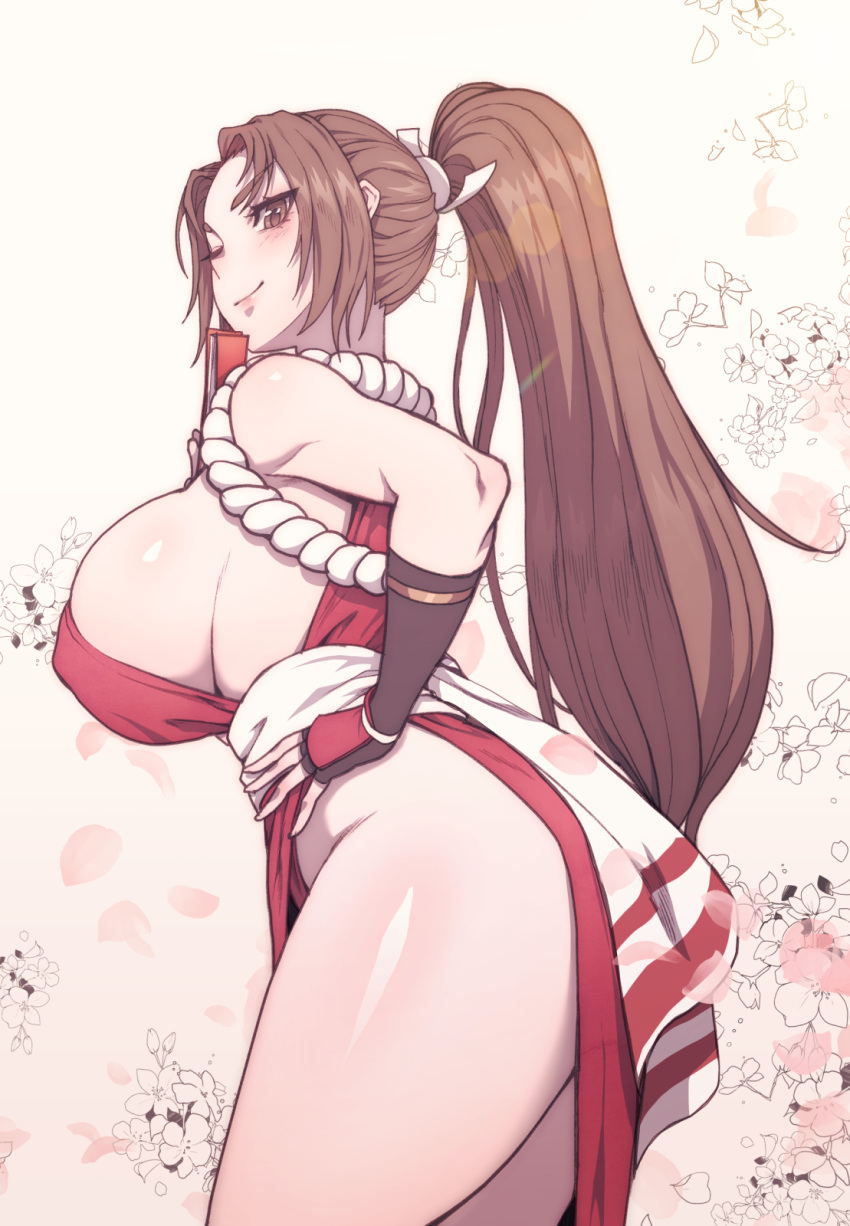 1girl breasts brown_eyes brown_hair carcass_(artist) closed_fan fatal_fury folding_fan hand_fan hand_on_hip high_ponytail highres holding holding_fan korean_commentary large_breasts long_hair ninja no_bra no_panties one_eye_closed pelvic_curtain revealing_clothes rope shiranui_mai sideboob smile solo the_king_of_fighters thick_thighs thighs white_rope