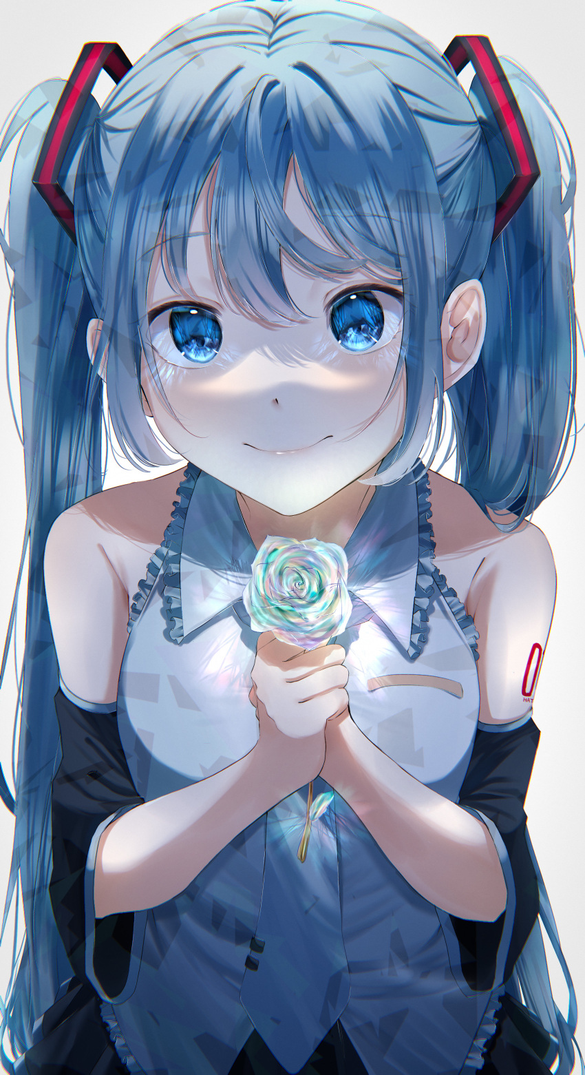 1girl absurdres bangs black_skirt black_sleeves blue_eyes blue_hair closed_mouth commentary detached_sleeves dress_shirt eyebrows_visible_through_hair flower frilled_shirt frills grey_necktie grey_shirt hair_between_eyes hair_ornament hatsune_miku highres holding holding_flower long_hair looking_at_viewer miniskirt necktie rose shirt skirt sleeveless sleeveless_shirt smile solo standing symbol-only_commentary twintails very_long_hair vocaloid white_flower white_rose yura_458