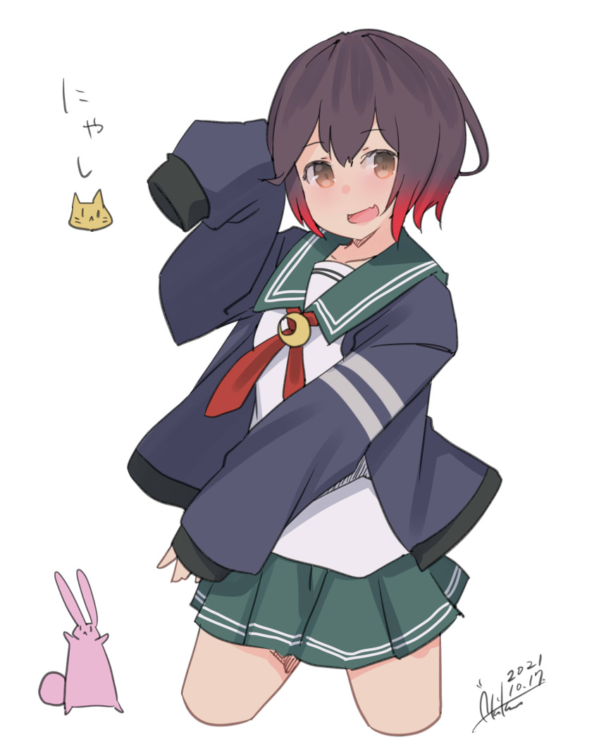 1girl absurdres animal_print blue_jacket blush brown_eyes brown_hair bunny cat_print commentary_request cowboy_shot crescent dated eyebrows_visible_through_hair gradient_hair green_sailor_collar green_skirt highres inica jacket kantai_collection multicolored_hair mutsuki_(kancolle) necktie open_mouth pleated_skirt red_necktie sailor_collar school_uniform serafuku short_hair signature simple_background skirt solo uniform white_background