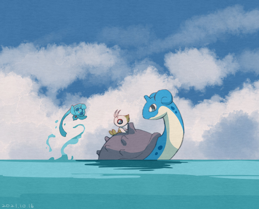 bright_pupils celebi closed_mouth cloud commentary_request dated day lapras leels no_humans outdoors phione pokemon pokemon_(creature) riding riding_pokemon sitting sky water white_pupils