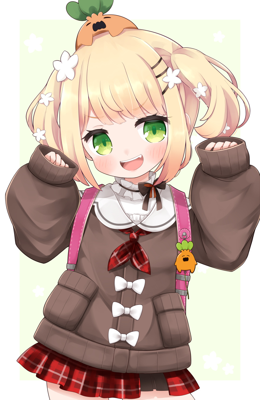 1girl :d absurdres bangs blonde_hair blush brown_sweater cocozasa commentary_request cowboy_shot crime_prevention_buzzer eyebrows_visible_through_hair flower green_eyes hair_flower hair_ornament hairclip hands_up highres hololive long_sleeves looking_at_viewer momosuzu_nene neckerchief nekko_(momosuzu_nene) open_mouth plaid plaid_skirt red_neckerchief red_skirt short_hair simple_background skirt sleeves_past_fingers sleeves_past_wrists smile solo standing sweater teeth upper_teeth virtual_youtuber white_flower younger