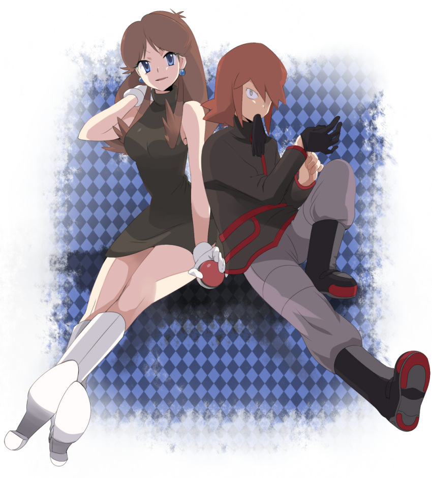 1boy 1girl ageha black_dress black_footwear black_gloves blue_eyes boots brown_hair checkered checkered_background dress earrings full_body gloves green_(pokemon) grey_eyes holding holding_poke_ball jewelry poke_ball poke_ball_(basic) pokemon pokemon_adventures red_hair silver_(pokemon) smile step-siblings white_footwear white_gloves