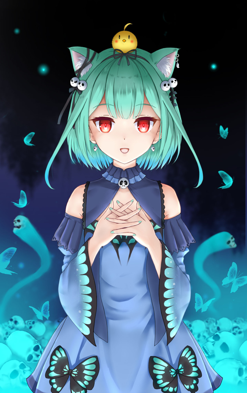 1girl :d ahoge animal animal_ear_fluff animal_ears bad_id bad_pixiv_id bangs bare_shoulders bird blue_dress blue_sleeves bug butterfly cat_ears chick commentary_request detached_sleeves dress earrings eyebrows_visible_through_hair flipper green_hair green_nails hands_up highres hololive interlocked_fingers jewelry juliet_sleeves long_sleeves looking_at_viewer nail_polish open_mouth own_hands_together puffy_sleeves red_eyes skull skull_earrings sleeveless sleeveless_dress smile solo uruha_rushia virtual_youtuber wide_sleeves