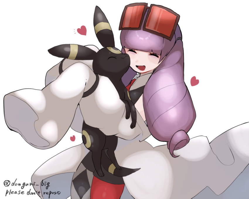 1girl :d asymmetrical_legwear bangs black_shirt black_shorts blunt_bangs closed_eyes coat collared_shirt commentary donguri_big drill_hair eyelashes eyewear_on_head heart highres holding holding_pokemon long_hair mismatched_legwear necktie off_shoulder open_mouth pantyhose pokemon pokemon_(creature) pokemon_(game) pokemon_masters_ex purple_hair rachel_(pokemon) red-tinted_eyewear red_necktie shirt shorts sleeveless sleeveless_shirt smile sunglasses tinted_eyewear tongue twin_drills umbreon white_coat