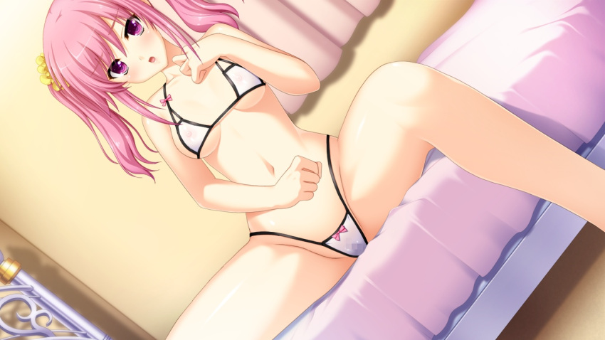 1girl bangs bedroom bra breasts collarbone covered_nipples dutch_angle eyebrows_visible_through_hair game_cg hair_between_eyes hair_ornament hair_scrunchie indoors koizumi_amane long_hair looking_at_viewer miyamae_iroha navel on_bed open_mouth panties pink_eyes pink_hair scrunchie sei_shoujo_~seido_ikusei_gakuen~ shiny shiny_hair sideboob sitting sitting_on_bed solo spread_legs twintails underboob underwear underwear_only white_bra white_panties yellow_scrunchie