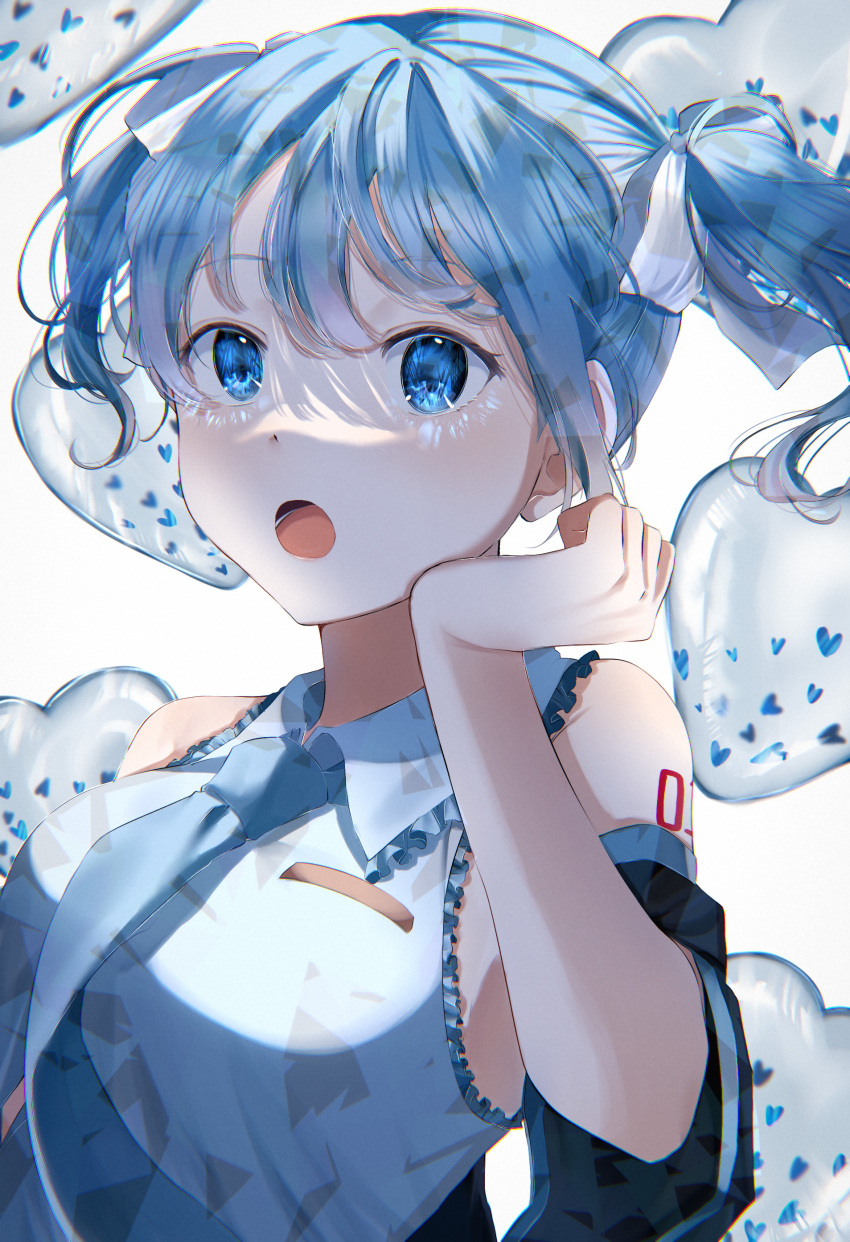 1girl :o absurdres balloon bangs black_sleeves blue_eyes blue_hair collared_dress commentary detached_sleeves dress eyebrows_visible_through_hair floating_hair frilled_dress frills grey_necktie hair_between_eyes hair_ribbon hatsune_miku heart_balloon highres long_hair necktie open_mouth ribbon sleeveless sleeveless_dress solo twintails upper_body vocaloid white_background white_dress white_ribbon wing_collar yura_458