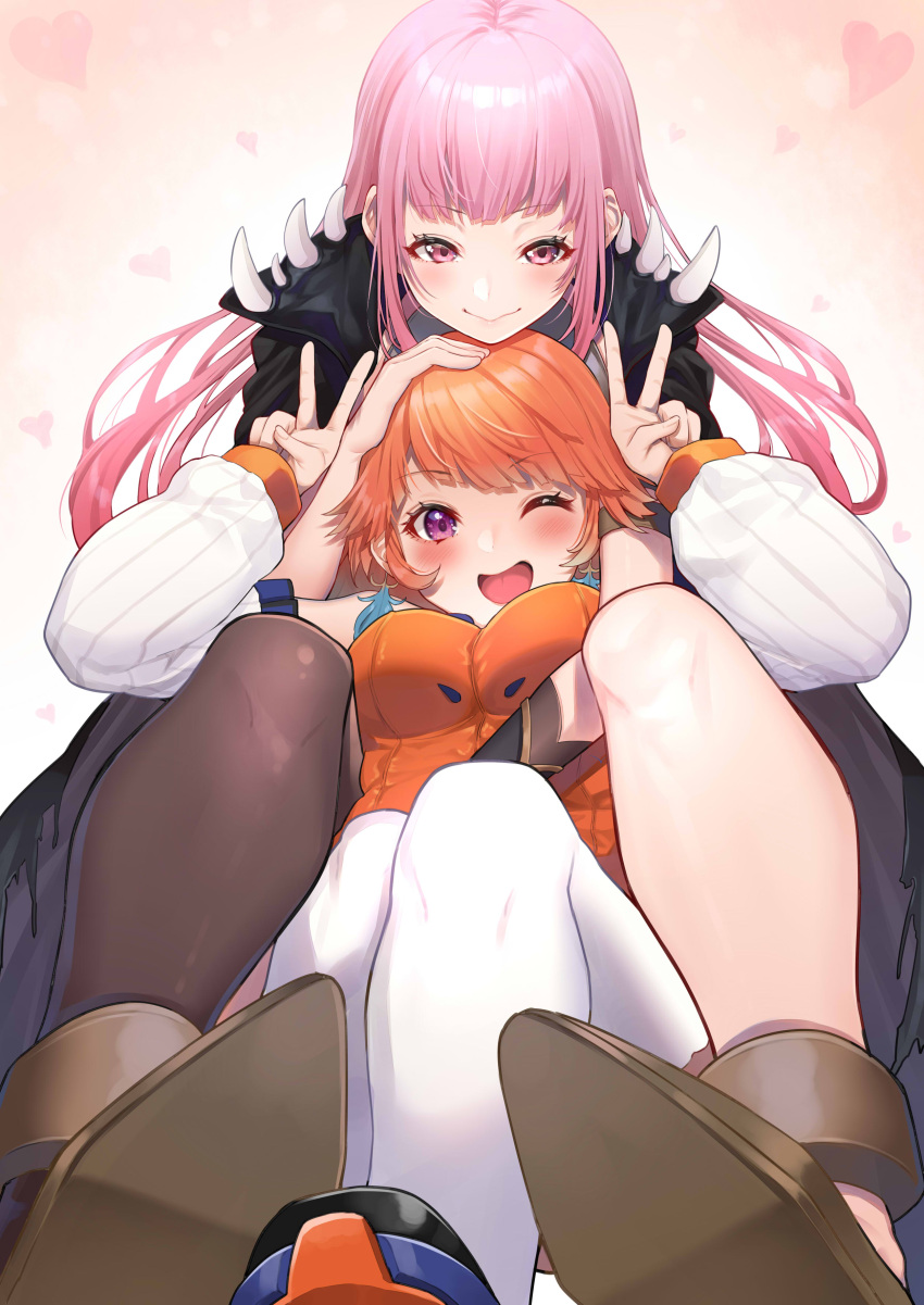 2girls ;d absurdres between_thighs blush breasts detached_sleeves double_v eyebrows_visible_through_hair floating_hair from_below hand_on_another's_head highres hololive hololive_english light_blush medium_breasts mikan_(chipstar182) mori_calliope multiple_girls one_eye_closed open_mouth orange_hair pink_eyes pink_hair purple_eyes single_thighhigh smile spikes takanashi_kiara thighhighs v virtual_youtuber yuri