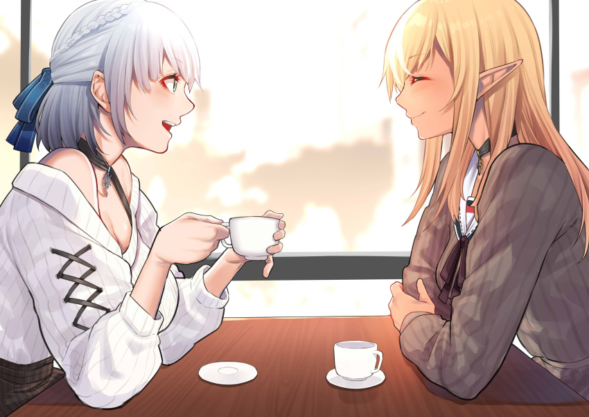 2girls ^_^ bare_shoulders black_choker blonde_hair blue_ribbon braid breasts brown_shirt choker cleavage closed_eyes closed_mouth cup elf eyebrows_visible_through_hair french_braid green_eyes hair_ribbon highres holding holding_cup hololive large_breasts long_hair long_sleeves looking_at_another mikan_(chipstar182) multiple_girls open_mouth pointy_ears ribbon shiranui_flare shirogane_noel shirt short_hair silver_hair sitting smile striped striped_shirt sweater table vertical-striped_shirt vertical_stripes virtual_youtuber white_sweater