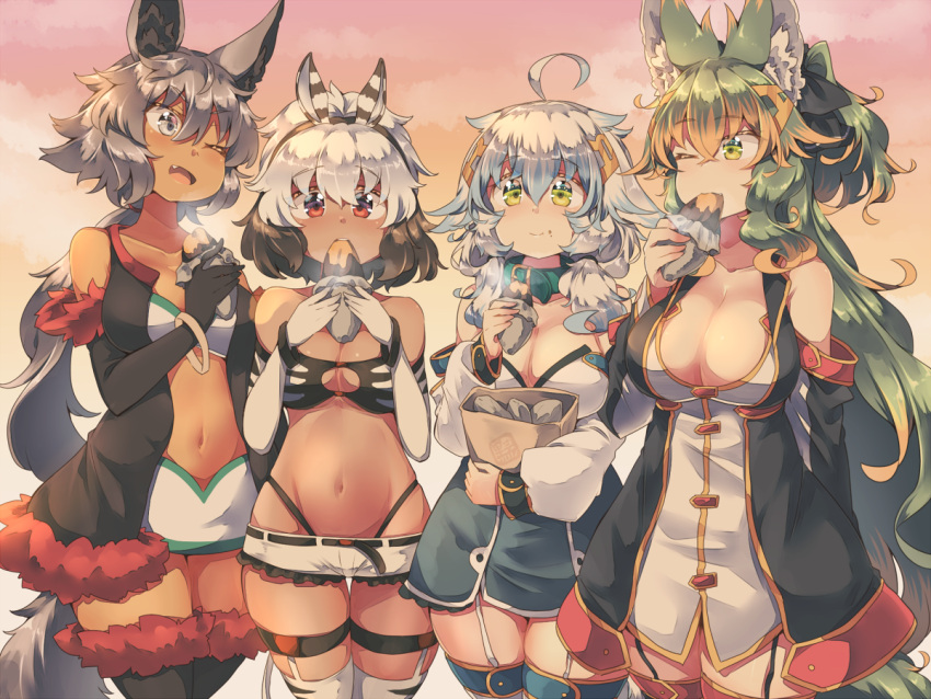 4girls ;d ahoge animal_ears black_gloves black_hair blue_hair breasts cleavage collar dark-skinned_female dark_skin eating elbow_gloves eyebrows_visible_through_hair fang food garter_straps gloves green_collar green_eyes green_hair grey_eyes grey_hair haimiya_eren hair_between_eyes holding holding_food kuromiya kuromiya_raika large_breasts long_hair looking_at_another medium_breasts multicolored_hair multiple_girls one_eye_closed open_mouth orange_hair original red_eyes shimamiya_mayuki shiromiya_asuka short_hair short_shorts shorts smile tail thighhighs thighs two-tone_hair white_hair white_legwear white_shorts