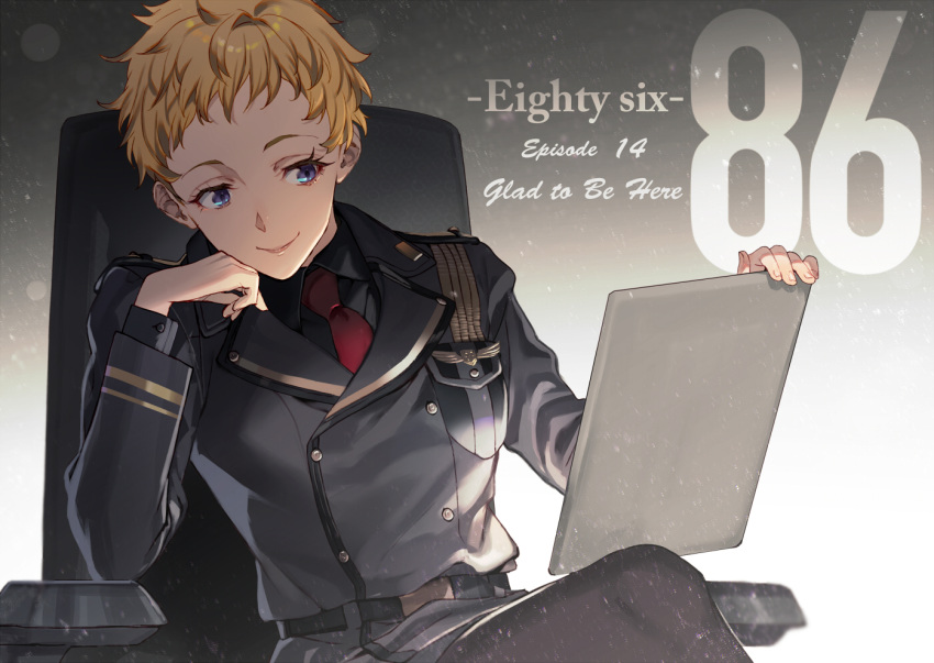 1girl 86_-eightysix- blonde_hair blue_eyes chair closed_mouth coat commentary_request copyright_name grethe_wenzel grey_coat head_rest long_sleeves military military_uniform necktie office_chair red_necktie shirabi short_hair sitting smile solo uniform