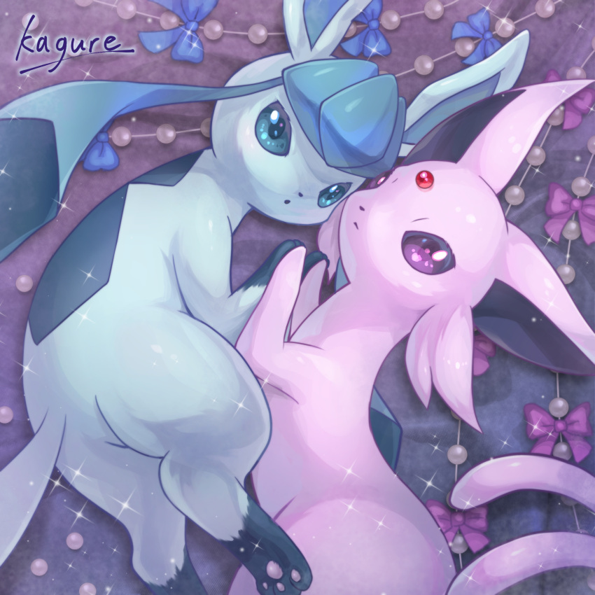 blue_bow bow closed_mouth commentary_request espeon from_above glaceon highres holding_hands kagure_(karaguren) no_humans pokemon pokemon_(creature) purple_bow purple_eyes sparkle toes