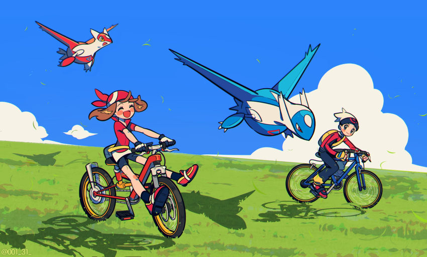 1boy 1girl :d backpack bag bike_shorts_under_skirt black_legwear black_pants blush_stickers brendan_(pokemon) brown_hair chueog closed_eyes cloud day eyelashes fanny_pack floating_hair gloves grass highres holding jacket latias latios leaves_in_wind long_sleeves may_(pokemon) open_mouth outdoors pants pokemon pokemon_(creature) pokemon_(game) pokemon_rse red_bandana red_footwear red_shirt riding_bicycle shirt shoes short_sleeves skirt sky smile socks tongue white_skirt yellow_bag yellow_gloves