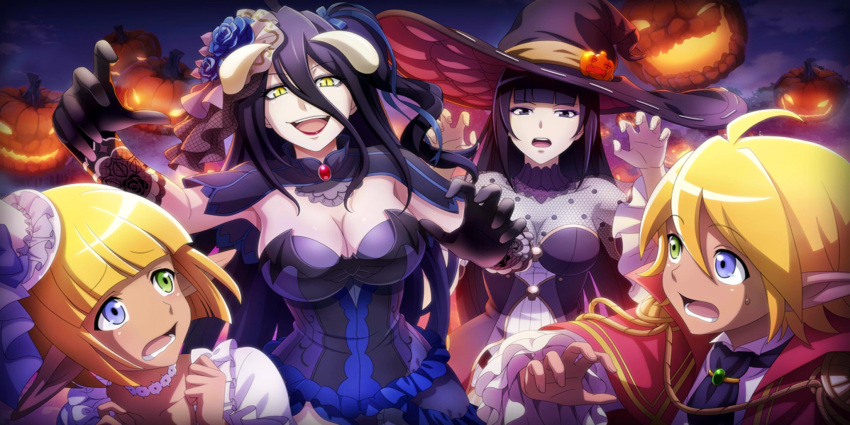 1boy 3girls albedo_(overlord) aura_bella_fiora black_eyes black_hair blonde_hair blue_eyes breasts cleavage costume eyebrows_visible_through_hair flower green_eyes hair_between_eyes hair_flower hair_ornament halloween halloween_costume hat heterochromia highres horns jack-o'-lantern large_breasts long_hair mare_bello_fiore multiple_girls narberal_gamma official_art open_mouth overlord_(maruyama) pointy_ears shiny shiny_hair short_hair witch_hat yellow_eyes
