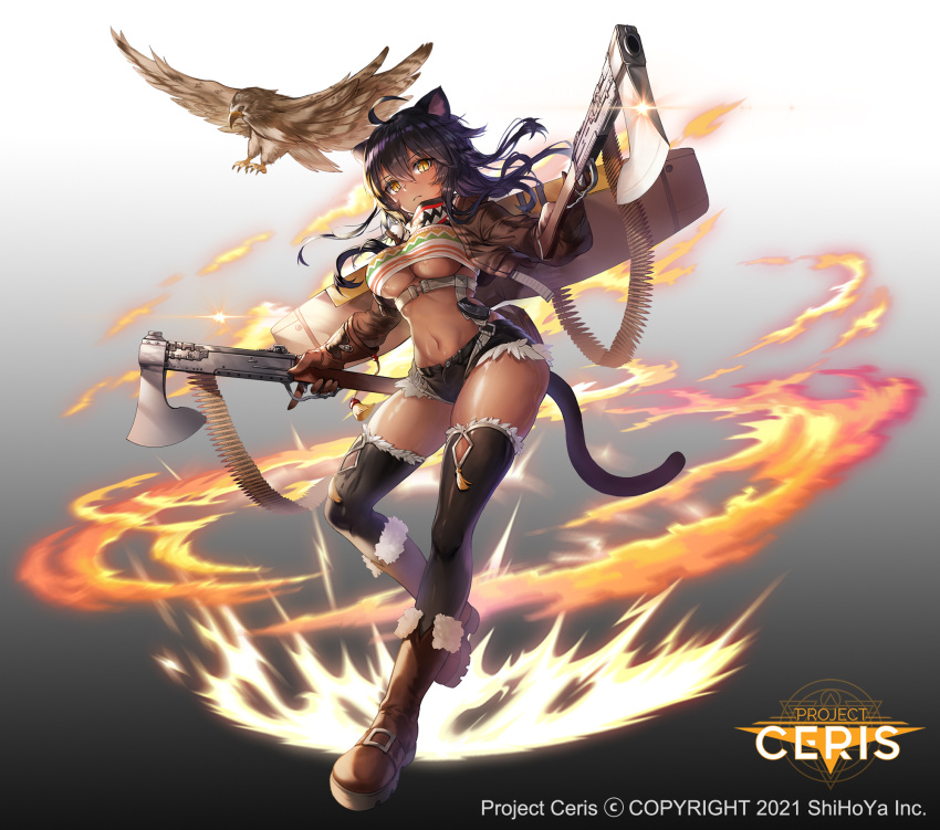 animal_ears apple_caramel axe bird black_hair black_legwear boots breasts cat_ears cat_tail dark-skinned_female dark_skin dual_wielding fire frown full_body gradient gradient_background grey_background gun highres holding holding_axe holding_gun holding_weapon knee_boots medium_breasts navel official_art project_ceris tail thighhighs underboob weapon yellow_eyes