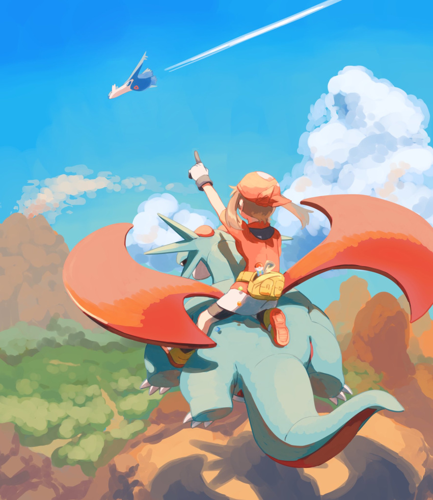 1girl arm_up bandana bike_shorts_under_skirt brown_hair claws cloud day fanny_pack flying from_behind gloves highres latios may_(pokemon) outdoors pointing pokemon pokemon_(creature) pokemon_(game) pokemon_rse riding riding_pokemon salamence shirt shoes short_sleeves skirt sky socks torinoko_(miiko_draw) twintails white_skirt yellow_bag yellow_footwear