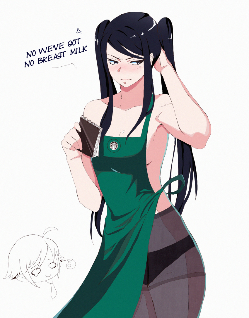 2girls absurdres anger_vein apron arm_behind_head bangs barista black_eyes black_hair black_legwear black_panties blush bolzhedor breast_conscious breasts chibi chibi_inset dana_zane english_commentary english_text green_apron highres iced_latte_with_breast_milk_(meme) jill_stingray long_hair looking_away meme multiple_girls nearly_naked_apron nose_blush notepad panties pantyhose sideboob small_breasts solo_focus speech_bubble starbucks swept_bangs twintails underwear va-11_hall-a