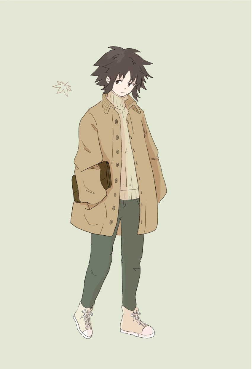 1boy alternate_costume bangs brown_coat brown_eyes brown_hair buttons closed_mouth coat collared_coat commentary_request full_body green_pants hand_in_pocket highres leaf long_sleeves looking_back male_focus nate_(pokemon) open_clothes open_coat pants pokemon pokemon_(game) pokemon_bw2 sakko shoelaces shoes short_hair solo standing sweater turtleneck turtleneck_sweater yellow_sweater