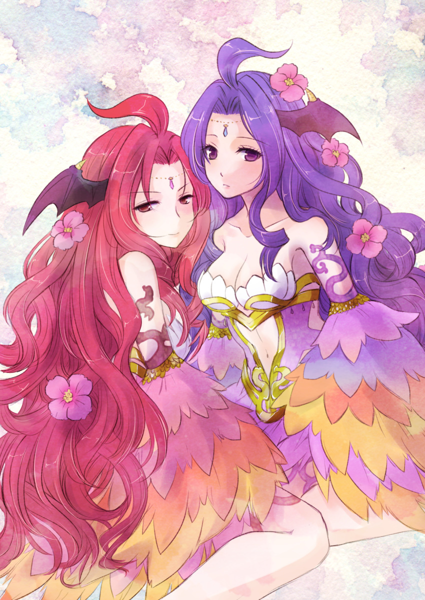 2girls ahoge arm_tattoo bangs black_wings blush breasts cleavage closed_mouth commentary_request demon_wings detached_sleeves dress eyebrows_visible_through_hair feet_out_of_frame flower forehead_jewel hair_flower hair_ornament head_wings highres humanization long_hair looking_at_viewer manoji medium_breasts multicolored_sleeves multiple_girls navel nidhoggr's_shadow nidhoggr_(ragnarok_online) open_mouth orange_sleeves parted_bangs pink_flower purple_dress purple_eyes purple_hair purple_sleeves ragnarok_online red_eyes red_hair smile tattoo very_long_hair wings yellow_sleeves