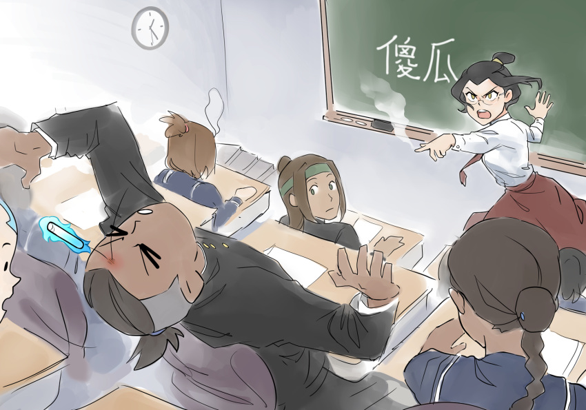 &gt;_&lt; 2boys 4girls aang alternate_universe arrow_(symbol) aura avatar:_the_last_airbender avatar_(series) azula bespectacled black_hair blue_sailor_collar braid brown_hair bruise chalk chalkboard chinese_text classroom coppercatter dark-skinned_female dark-skinned_male dark_skin english_commentary gakuran glasses green_eyes head_tattoo highres in_the_face injury katara multiple_boys multiple_girls necktie red_necktie red_skirt sailor_collar school_uniform semi-rimless_eyewear shirt short_hair short_ponytail single_braid skirt smoking_finger_gun sokka suki teacher teeth throwing topknot under-rim_eyewear undercut upper_teeth white_shirt