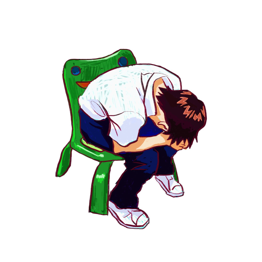 1boy animal_crossing bangs blue_pants brown_hair collared_shirt froggy_chair from_above full_body head_rest highres ikari_shinji jpeg_artifacts leaning_forward male_focus mushymoss neon_genesis_evangelion on_chair pants shiny shiny_hair shirt shoes short_hair short_sleeves simple_background sitting sketch solo white_background white_footwear white_shirt