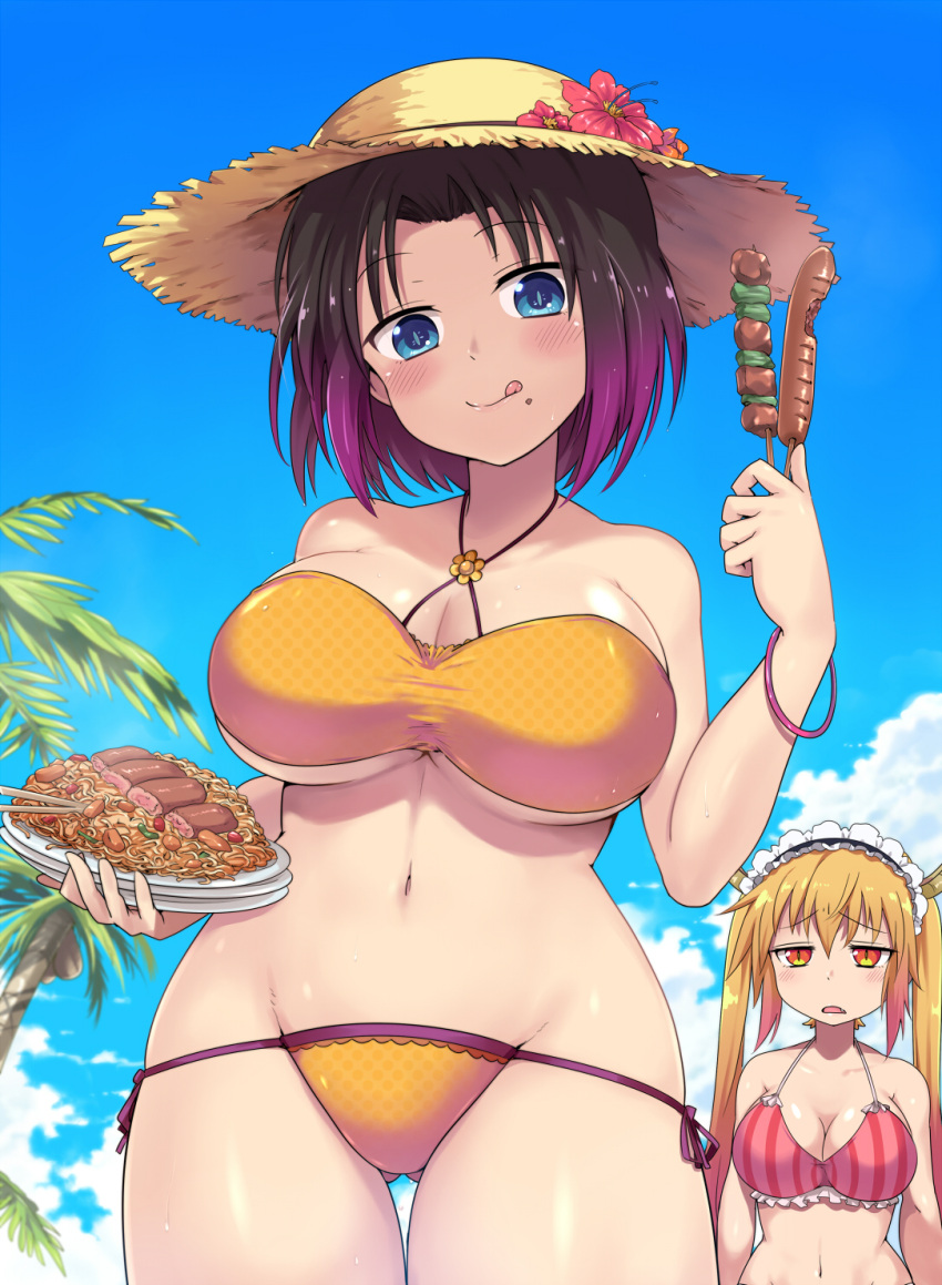 2girls bandeau bikini black_hair bracelet breasts cleavage coconut_tree elma_(maidragon) food gradient_hair hat highres holding holding_food horns hot_dog jewelry kasai_shin kobayashi-san_chi_no_maidragon large_breasts long_hair maid_headdress midriff multicolored_hair multiple_girls navel orange_bikini orange_hair palm_tree plate purple_hair red_bikini sky straw_hat striped striped_bikini swimsuit tohru_(maidragon) tongue tongue_out tree tropical twintails