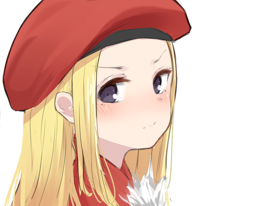 1girl bangs belfraw_martini beret blonde_hair blush closed_mouth commentary_request dress forehead from_side hat highres isobe_eiji long_hair looking_at_viewer looking_to_the_side parted_bangs purple_eyes red_dress red_headwear simple_background solo summon_night summon_night_3 v-shaped_eyebrows white_background