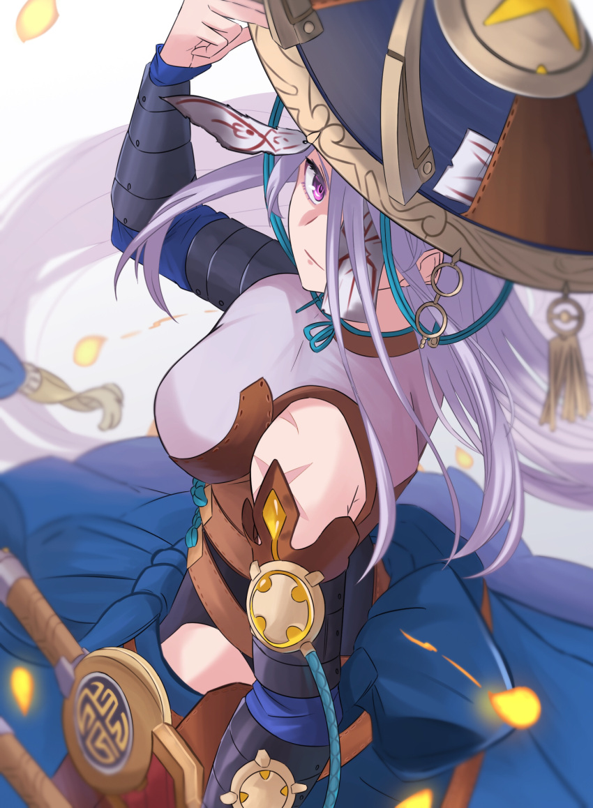 1girl armor bare_shoulders breasts clothing_cutout commentary detached_sleeves dogmatika_fleurdelis_the_knighted duel_monster fake_horns hand_on_headwear hat hat_ornament heichi highres horned_headwear horns japanese_armor jingasa kote kurokote light_purple_hair long_hair long_sleeves medium_breasts multiple_swords one_eye_covered purple_eyes scar scar_on_arm sheath sheathed skirt solo sword talisman the_iris_swordsoul thigh_cutout very_long_hair weapon yu-gi-oh!