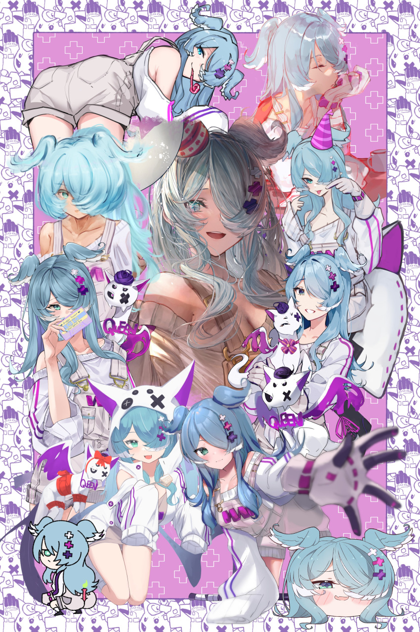 1girl :d absurdres ass balloon bent_over betabeet between_buttocks birthday blue_eyes bow breasts candle cassette_tape cleavage clenched_hand closed_eyes collaboration collage commentary daiishori dokuro_deluxe elira_pendora gloves grey_gloves grey_overalls hair_ornament hair_over_one_eye hat hayate_fish head_wings highres klaius kukie-nyan light_blush long_hair long_sleeves looking_at_viewer lyrinne maru_ccy mole multicolored_hair multiple_views nijisanji nijisanji_en nillith off-shoulder_shirt off_shoulder one_eye_covered open_mouth overalls party_hat pikl_(elira_pendora) red_bow roamingtuna shiina_rei shirt single_glove smile squatting tongue tongue_out two-tone_hair upper_body virtual_youtuber white_shirt yukkuri_shiteitte_ne