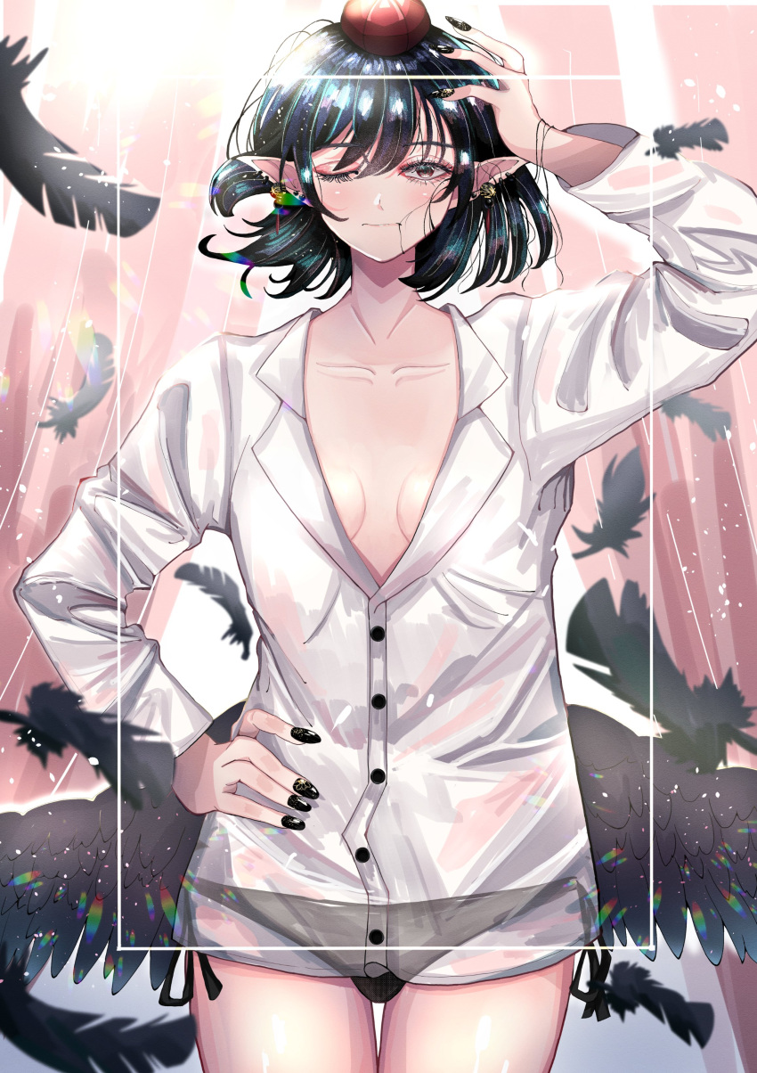 1girl ;| absurdres bangs bird_wings black_eyes black_hair black_panties black_wings breasts breasts_apart buttons collarbone commentary_request dress_shirt ear_piercing eyelashes falling_feathers feathered_wings feathers fingernails hair_in_mouth hand_on_hip hand_up hat highres light_blush long_fingernails long_sleeves looking_at_viewer medium_breasts one_eye_closed panties piercing pointy_ears shameimaru_aya shirt short_hair side-tie_panties skirt skirt_removed solo souken_bicha standing thighs tokin_hat touhou underwear upper_body waking_up white_shirt wings