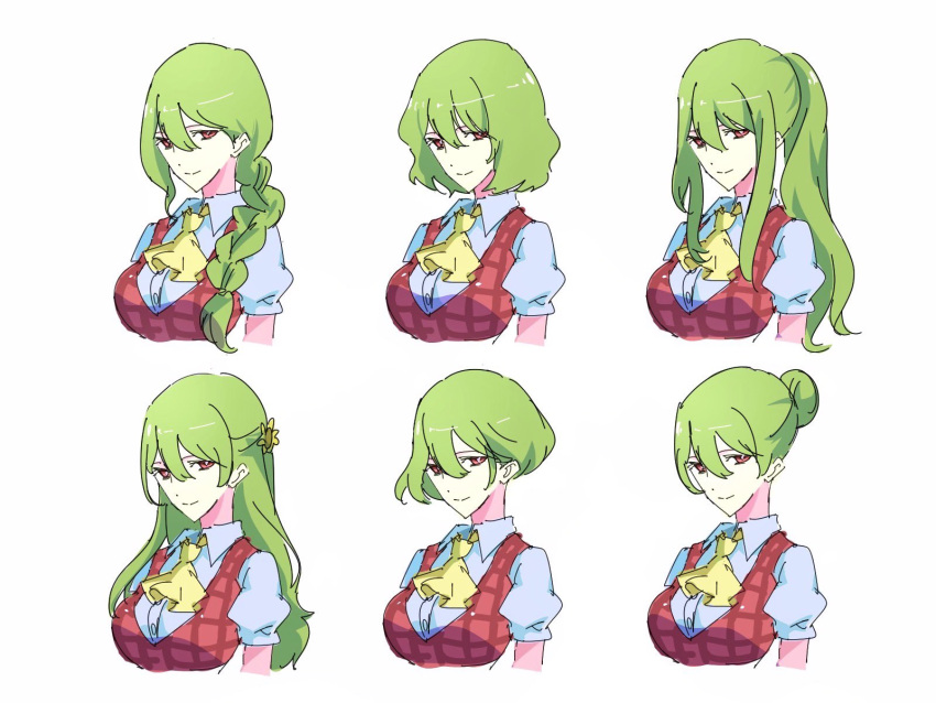 1girl alternate_hair_length alternate_hairstyle ascot bangs braid breasts collared_shirt commentary_request cropped_torso flower french_braid green_hair hair_flower hair_ornament highres kazami_yuuka large_breasts long_hair looking_at_viewer plaid plaid_vest ponytail puffy_short_sleeves puffy_sleeves red_eyes shirt short_hair short_sleeves sidelocks simple_background smile solo sunflower tied_hair tohoyuukarin touhou vest white_background white_shirt wing_collar yellow_ascot