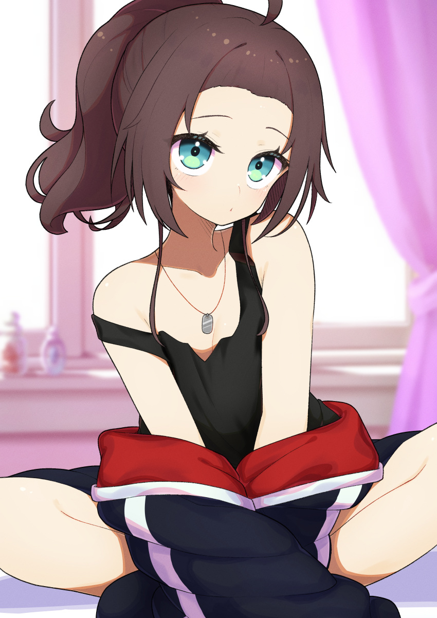 1girl :o absurdres aqua_eyes bangs bedroom blue_jacket breasts brown_hair cleavage dog_tags drawstring forehead high_ponytail highres hololive indian_style jacket looking_at_viewer lunch_boxer medium_hair natsuiro_matsuri on_bed parted_bangs ponytail sidelocks sitting sitting_on_bed solo strap_slip tank_top two-sided_fabric two-sided_jacket virtual_youtuber