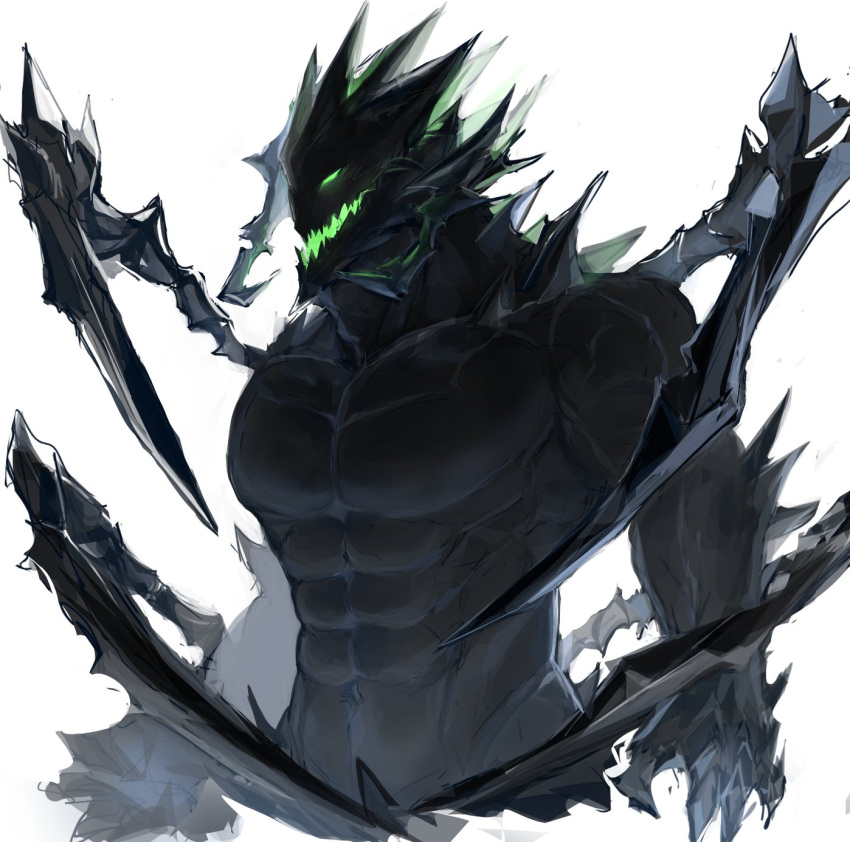 1other abs amm134_(anmei_ftnn) arknights bara black_skin claws colored_skin commentary_request cropped_torso green_eyes highres humanization large_pectorals mon3tr_(arknights) multiple_wings muscular navel open_mouth pectorals sharp_teeth simple_background teeth upper_body white_background wings