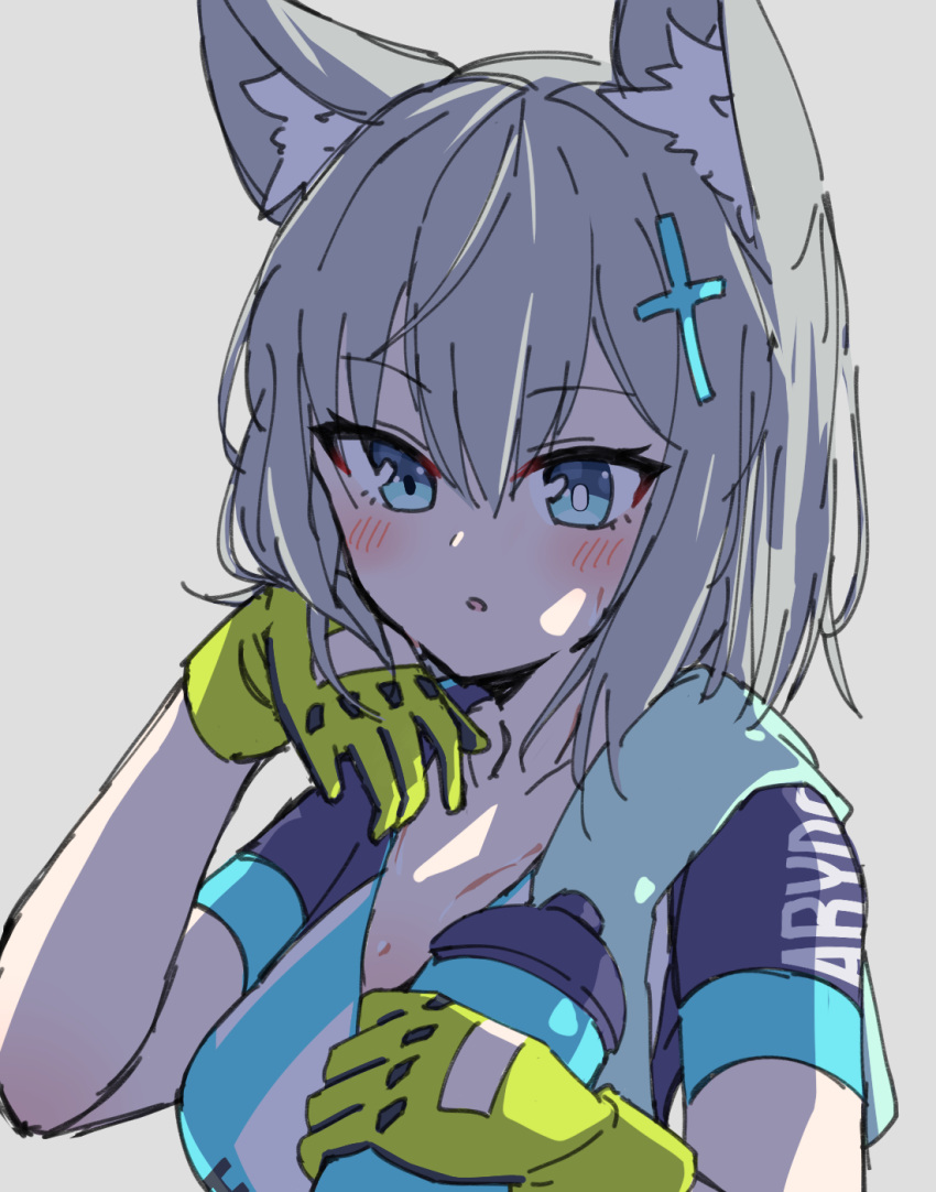 1girl :o animal_ear_fluff animal_ears bangs blue_archive blue_eyes blush bottle collarbone cross_hair_ornament eyebrows_visible_through_hair gloves green_gloves grey_hair hair_ornament halo highres jacket medium_hair mismatched_pupils mizukena_(pokesun) open_mouth shiroko_(blue_archive) short_sleeves simple_background sketch solo sportswear towel track_jacket water_bottle