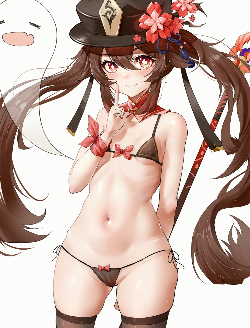1girl absurdres bare_shoulders bikini black_bikini black_headwear black_legwear blush breasts brown_hair closed_eyes commentary_request cowboy_shot di_qi_gang_guang fang flower genshin_impact ghost hat highres holding holding_weapon hu_tao_(genshin_impact) index_finger_raised long_hair md5_mismatch navel open_mouth panties plum_blossoms polearm red_eyes side-tie_bikini side-tie_panties simple_background small_breasts solo stomach string_bikini swimsuit symbol-shaped_pupils thighhighs top_hat twintails underboob underwear very_long_hair weapon white_background