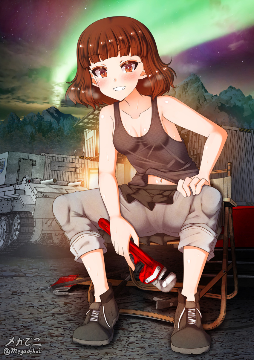 1girl aquaegg aurora bangs bare_shoulders black_tank_top blunt_bangs blush breasts brown_eyes brown_hair bt-42 cameltoe chair cleavage commentary_request covered_nipples emblem eyebrows_visible_through_hair girls_und_panzer grey_pants grin ground_vehicle hair_down highres keizoku_(emblem) keizoku_military_uniform looking_at_viewer mikko_(girls_und_panzer) military military_vehicle motor_vehicle navel no_bra outdoors pants shiny shiny_hair shiny_skin short_hair sideboob sitting sky small_breasts smile solo spread_legs star_(sky) starry_sky sweat tank tank_top