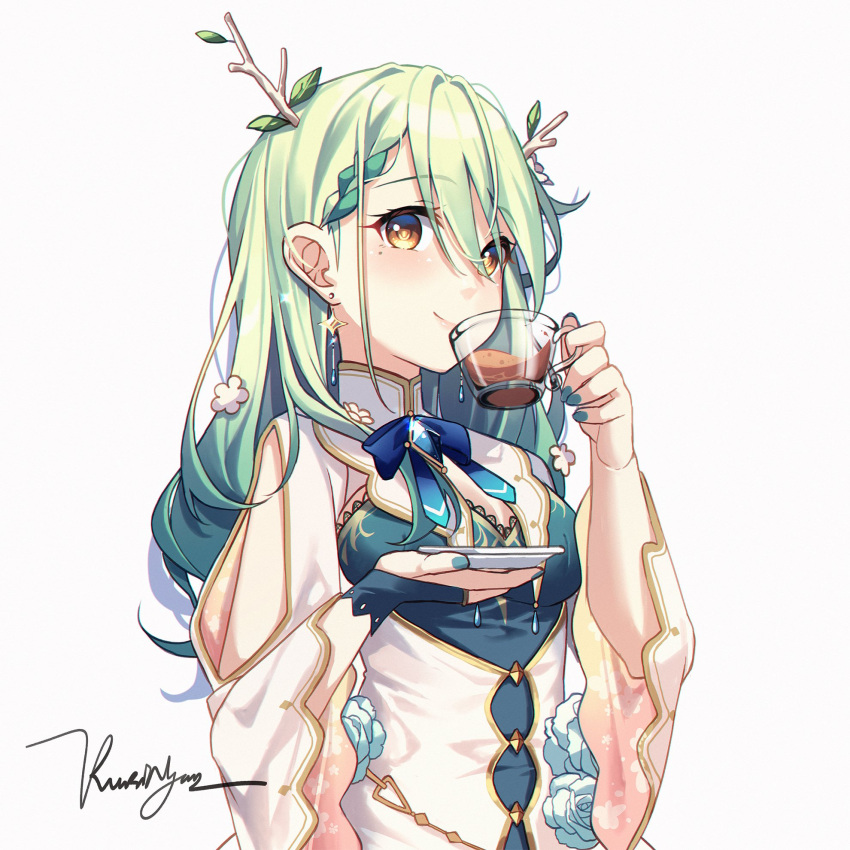 1girl antlers bangs blush branch breasts bridal_gauntlets brown_eyes ceres_fauna closed_mouth commentary cup dress earrings eyebrows_visible_through_hair green_hair green_nails hair_between_eyes highres holding holding_cup holding_saucer hololive hololive_english jewelry kuri_(animejpholic) left-handed long_hair long_sleeves looking_at_viewer medium_breasts mole mole_under_eye multicolored_hair nail_polish saucer signature simple_background single_bridal_gauntlet smile solo streaked_hair symbol-only_commentary teacup upper_body virtual_youtuber white_background white_dress