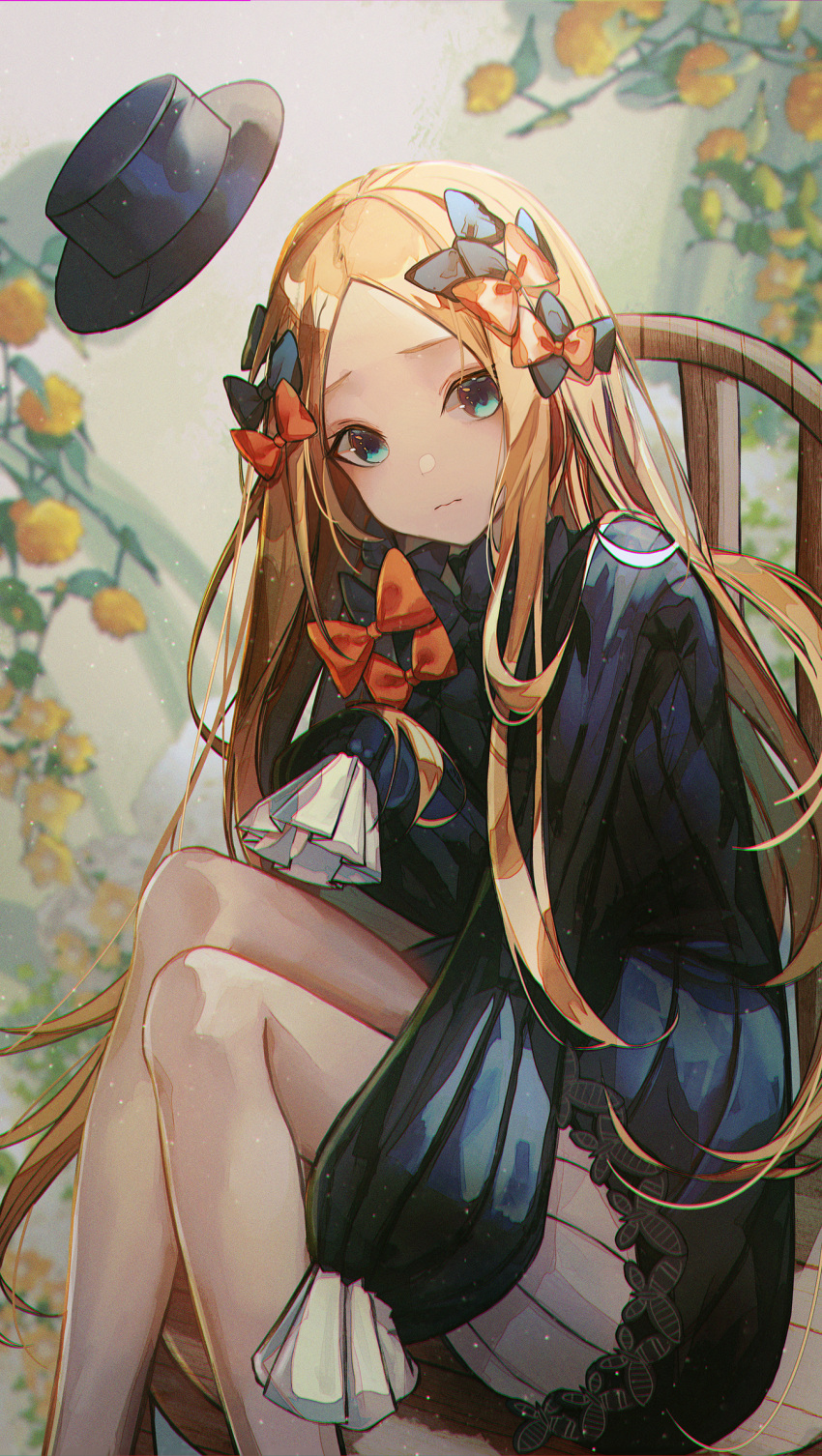 1girl abigail_williams_(fate) bangs black_bow black_dress black_headwear blonde_hair bloomers blue_eyes blush bow breasts dress fate/grand_order fate_(series) forehead hair_bow hat highres long_hair long_sleeves looking_at_viewer merryj multiple_bows multiple_hair_bows orange_bow parted_bangs polka_dot polka_dot_bow ribbed_dress sleeves_past_fingers sleeves_past_wrists small_breasts underwear white_bloomers