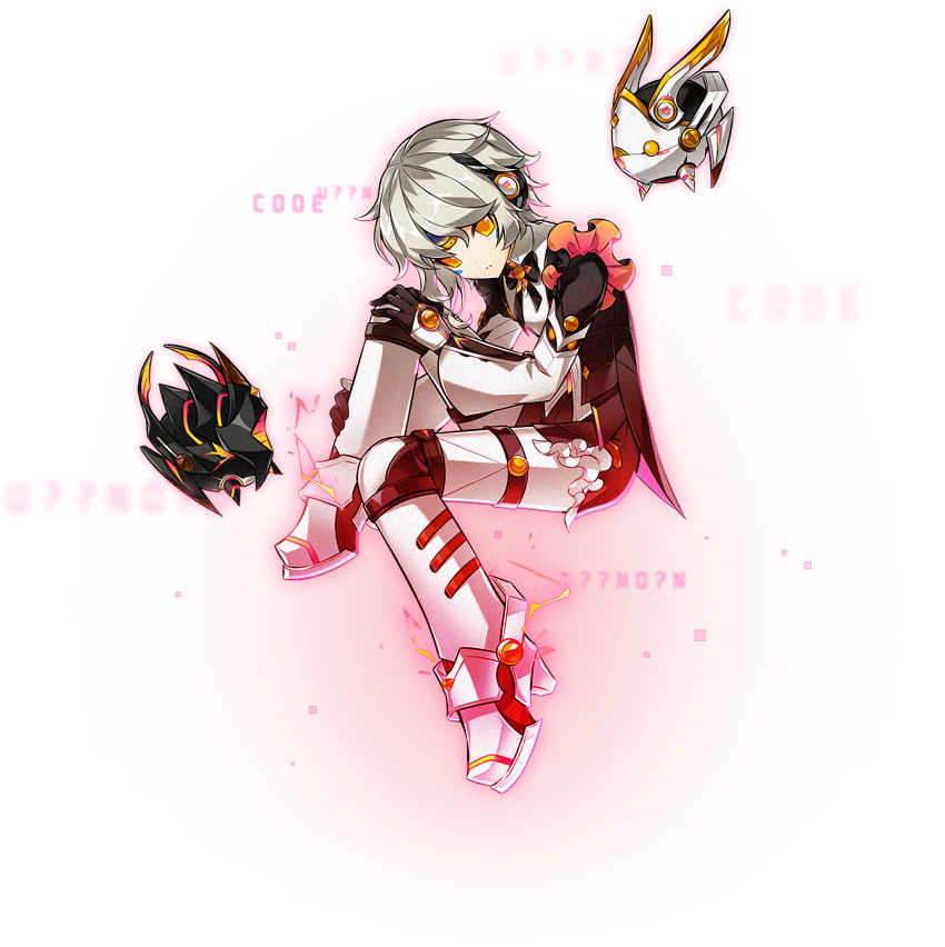 1girl android artist_request code:_unknown_(elsword) earpiece electricity elsword english_text eve_(elsword) expressionless facial_mark forehead_jewel frills full_body gloves hand_on_leg highres leg_up looking_at_viewer moby_(elsword) noise official_art parted_lips remy_(elsword) short_hair silver_hair solo transparent_background yellow_eyes