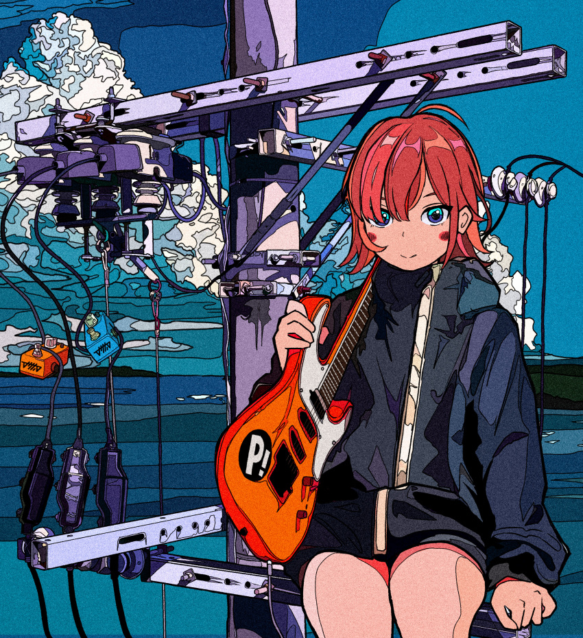 1girl absurdres ahoge aqua_eyes cloud commentary cyberpunk electric_guitar guitar harusameriburo highres instrument ligne_claire looking_at_viewer medium_hair original power_lines red_hair sitting sky solo utility_pole wire