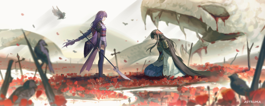 1girl 1other absurdres armor astruma2 bangs bird bird_mask black_hair black_legwear blunt_bangs blurry braid braided_ponytail cape commentary crow crying crying_with_eyes_open death depth_of_field english_commentary eyebrows_visible_through_hair field flower flower_field from_side full_body genshin_impact hair_between_eyes highres holding holding_polearm holding_weapon injury japanese_armor japanese_clothes long_hair long_sleeves looking_at_another low_ponytail mask mask_on_head naginata obi petals polearm purple_eyes purple_hair raiden_shogun sasayuri_(genshin_impact) sash scenery seiza sidelocks single_braid sitting skull snake standing tears weapon wide_sleeves wind