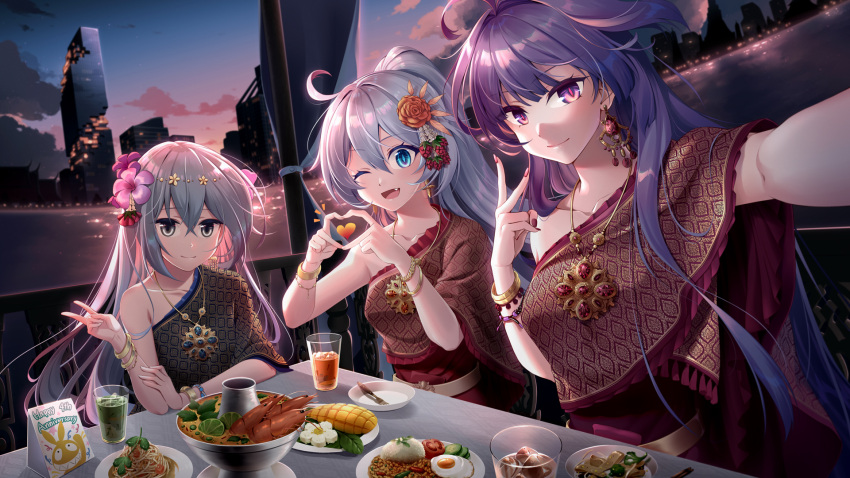 3girls :d antenna_hair bangs blue_eyes bowl bronya_zaychik building cloud cloudy_sky fang flower food glass grey_eyes grey_hair hair_between_eyes hair_flower hair_ornament heart heart_hands highres homu_(honkai_impact) honkai_(series) honkai_impact_3rd iced_tea indonesian_clothes kiana_kaslana long_hair looking_at_viewer multiple_girls one_eye_closed open_mouth pink_flower plate ponytail purple_eyes purple_hair raiden_mei red_flower red_rose rose ryuji_nogito selfie sky smile sunset table v white_hair