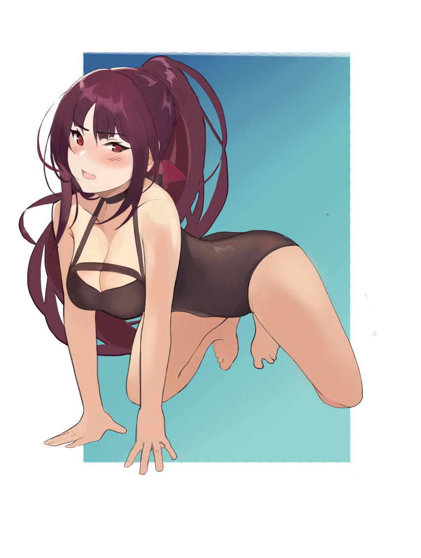 1girl absurdres barefoot black_swimsuit blush breasts cleavage collarbone commentary_request competition_swimsuit eyebrows_visible_through_hair full_body girls'_frontline hair_ribbon highres jonbur_man korean_commentary long_hair looking_at_viewer medium_breasts one-piece_swimsuit open_mouth ponytail purple_hair red_eyes ribbon solo swimsuit wa2000_(girls'_frontline)