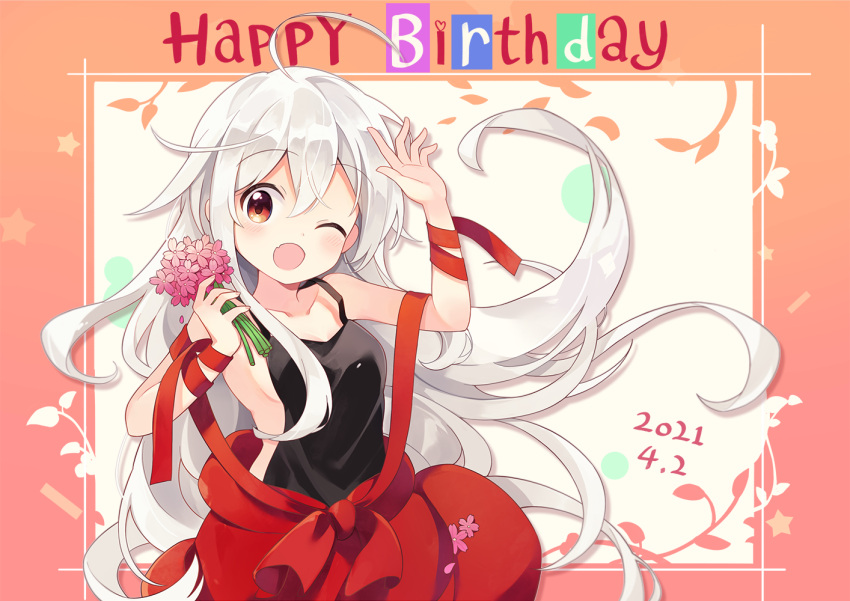 1girl ahoge backless_outfit bare_shoulders birthday blush breasts chiya_(urara_meirochou) eyebrows_visible_through_hair flower framed hair_between_eyes halterneck hand_up holding holding_flower ka_zhi long_hair looking_at_viewer medium_breasts one_eye_closed open_mouth red_eyes red_skirt skirt solo urara_meirochou white_hair