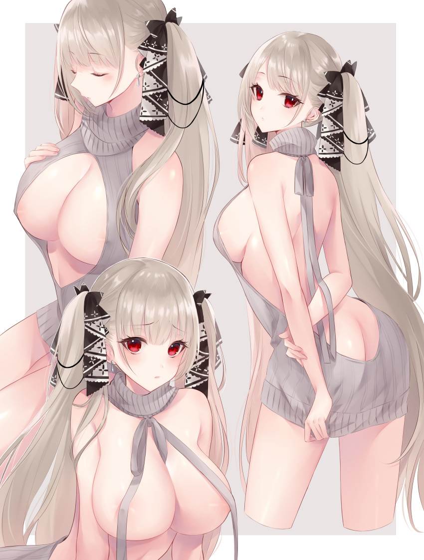 1girl absurdres alternate_costume areola_slip areolae ass azur_lane backless_dress backless_outfit bare_arms bare_shoulders black_bow blonde_hair blush border bow breasts butt_crack cleavage cleavage_cutout closed_mouth clothing_cutout commentary_request convenient_censoring dress earrings formidable_(azur_lane) grey_background grey_dress grey_sweater hair_bow hand_on_own_chest highres jewelry large_breasts long_hair looking_at_viewer looking_back meme_attire multiple_views naked_sweater no_bra no_panties orii_(fsgp5252) outside_border parted_lips red_eyes sideboob simple_background sleeveless sleeveless_turtleneck sweater sweater_dress turtleneck turtleneck_sweater twintails very_long_hair virgin_killer_sweater wardrobe_error white_border