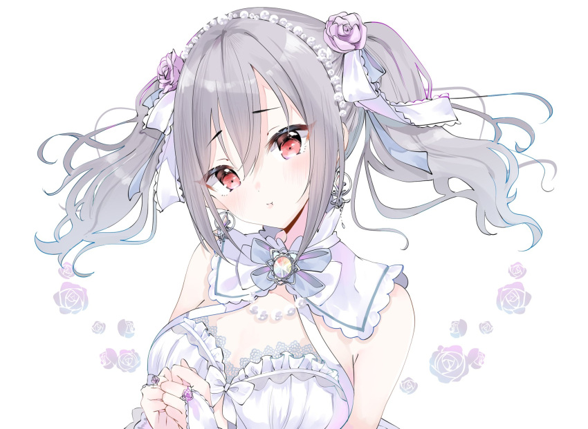 1girl :t bare_shoulders breasts bridal_gauntlets detached_collar dress earrings eyebrows_visible_through_hair floating_hair floral_print flower frilled_dress frills gem grey_hair hair_between_eyes hair_flower hair_ornament hair_ribbon head_tilt highres idolmaster idolmaster_cinderella_girls idolmaster_cinderella_girls_starlight_stage jewelry kanzaki_ranko large_breasts looking_at_viewer necklace own_hands_together pearl_hair_ornament pearl_necklace red_eyes ribbon solo twintails underwear upper_body white_dress yuanagae