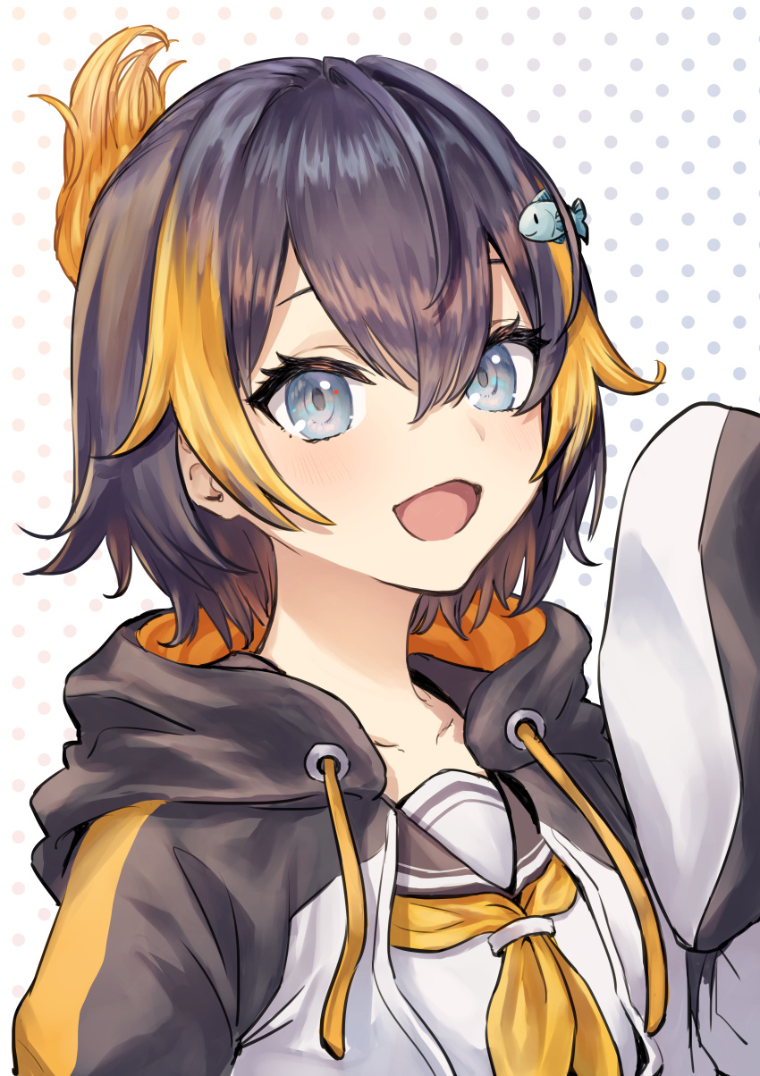 1girl absurdres animal_hood black_hair black_hoodie black_sailor_collar blue_eyes collar collarbone drawstring fish_hair_ornament g9_(jiiku) hair_between_eyes hair_ornament highres hood hood_down hoodie looking_at_viewer multicolored_hair neckerchief nijisanji nijisanji_en open_mouth orange_hair orange_neckerchief penguin_hood petra_gurin polka_dot polka_dot_background portrait sailor_collar school_uniform serafuku short_hair simple_background sleeves_past_fingers sleeves_past_wrists smile solo two-tone_hair two-tone_hoodie virtual_youtuber white_hoodie