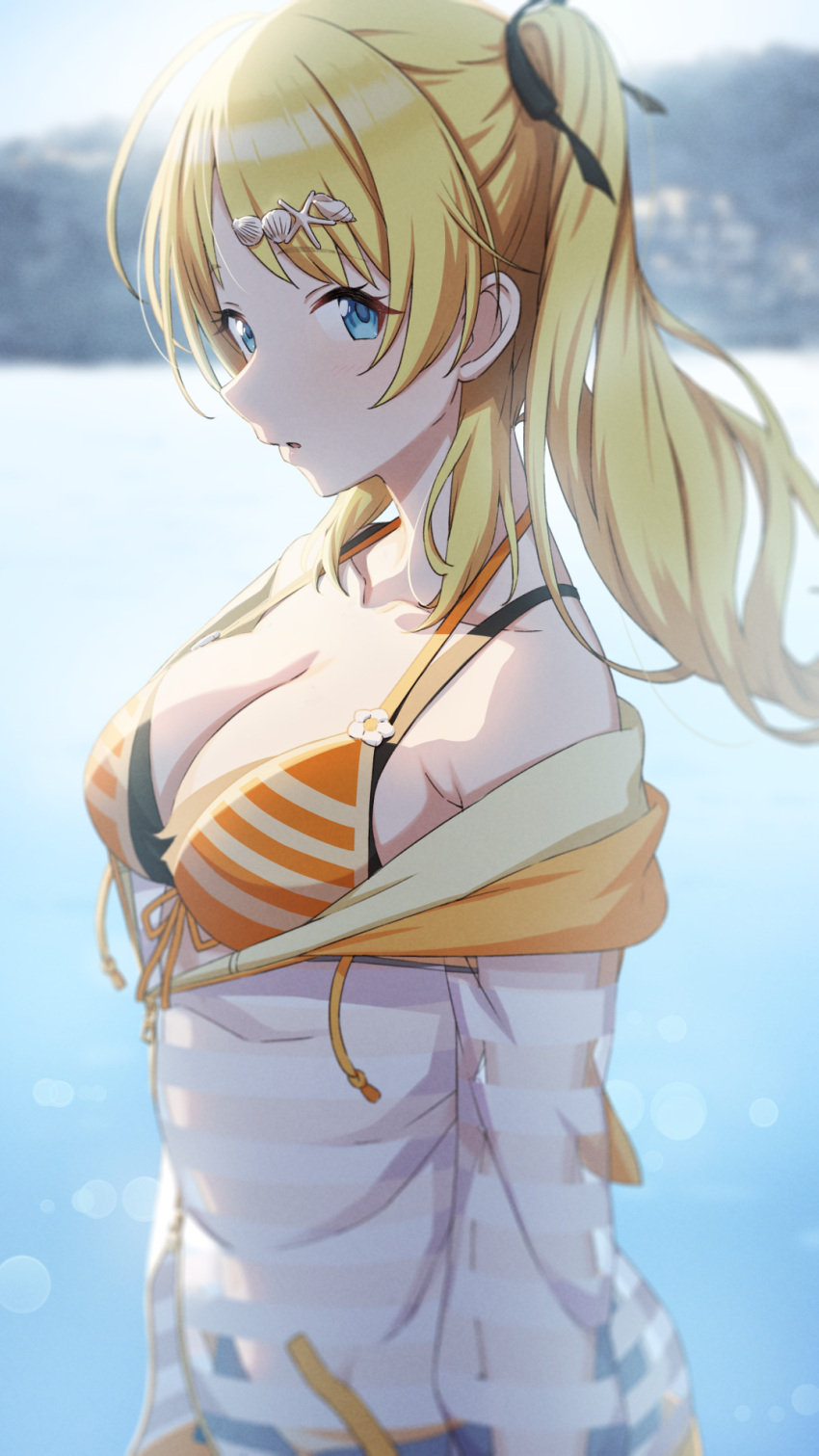 1girl amochin bikini black_ribbon blue_eyes blurry blurry_background breasts collarbone commentary_request hachimiya_meguru hair_ornament hair_ribbon highres idolmaster idolmaster_shiny_colors looking_at_viewer medium_breasts orange_bikini ribbon shell_hair_ornament side_ponytail solo striped striped_bikini swimsuit