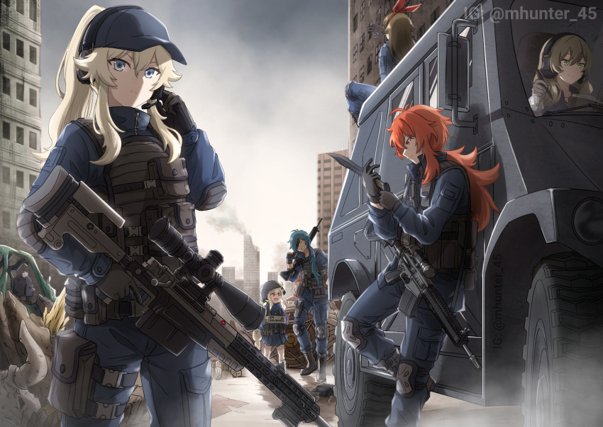 2boys 4girls :d ahoge ai_aw-50 alternate_costume amber_(genshin_impact) armored_vehicle assault_rifle bangs battle_rifle black_gloves black_hair black_jumpsuit blue_eyes blurry bomb boots brown_hair building bulletproof_vest c4 cable carrying combat_boots combat_knife commentary contemporary depth_of_field diluc_(genshin_impact) dodoco_(genshin_impact) driving elbow_pads english_commentary english_text eyebrows_visible_through_hair eyepatch genshin_impact gloves green_eyes grin ground_vehicle gun h&amp;k_hk417 hair_between_eyes hairband hat headset helmet highres hilichurl_(genshin_impact) holding holding_gun holding_knife holding_weapon instagram_username jean_(genshin_impact) kaeya_(genshin_impact) klee_(genshin_impact) knee_boots knee_pads kneehighs knife light_brown_hair lisa_(genshin_impact) long_hair long_sleeves looking_at_another looking_away looking_up low_ponytail mhunter_45 multiple_boys multiple_girls open_mouth orange_eyes over_shoulder pocket ponytail red_eyes red_hair riding rifle ruin_guard_(genshin_impact) sidelocks skyline skyscraper smile smoke tactical_clothes trigger_discipline walking weapon weapon_over_shoulder